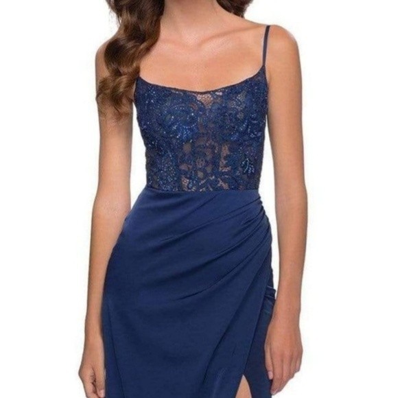 La Femme 29888 Scoop Laced A-Line Satin Embellished Evening Gown Navy Blue 4 NWT - Picture 2 of 10